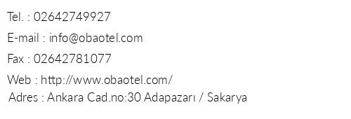 Oba Hotel Sakarya telefon numaralar, faks, e-mail, posta adresi ve iletiim bilgileri